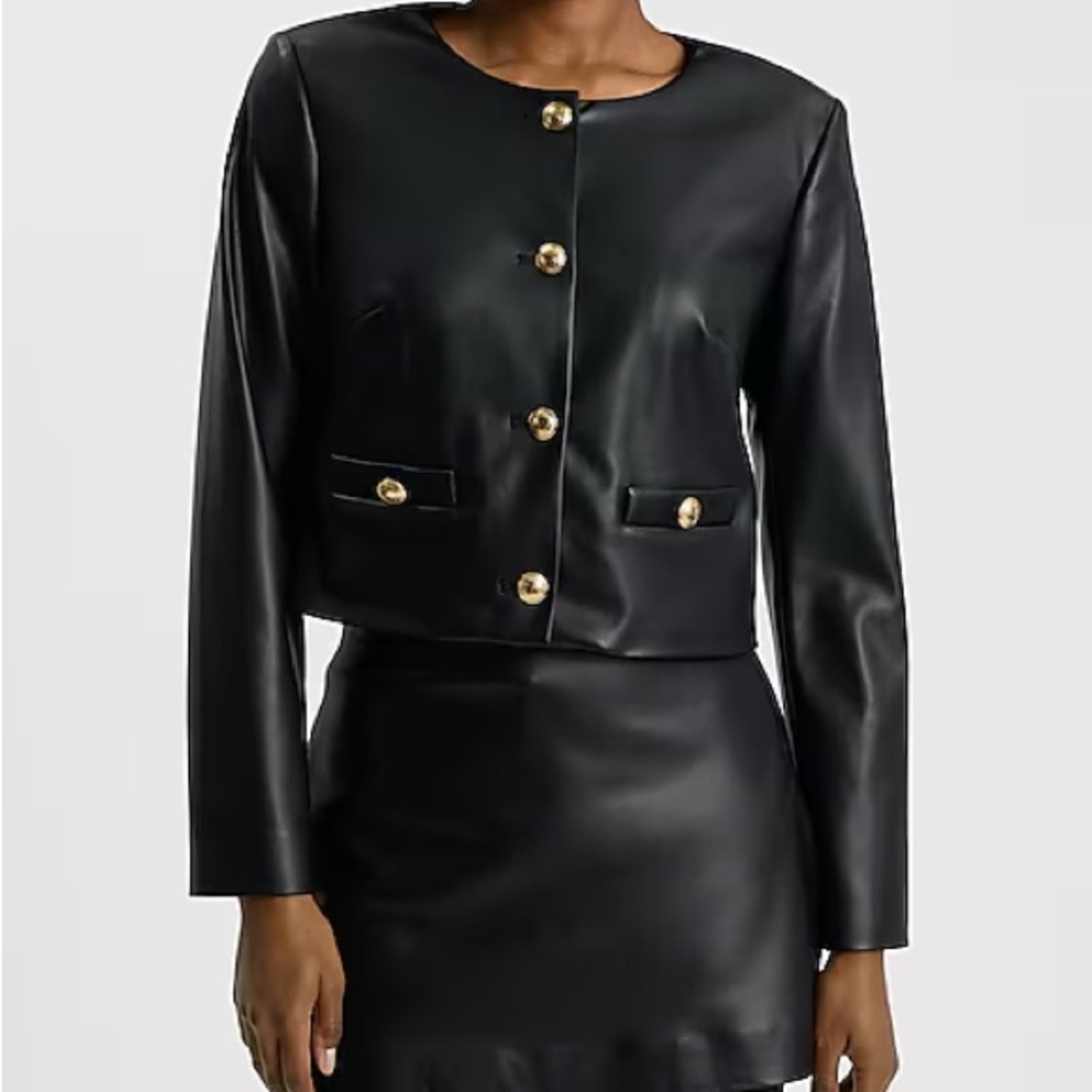 NWT Express Faux Leather Gold Button Cropped Jacket
